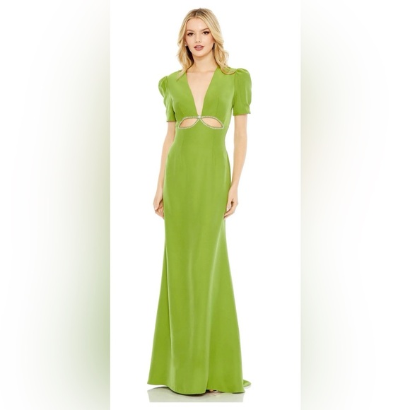 Mac Duggal 2630 NWT Apple Green Plunge Neck Puff Sleeve Cut Out Gown - Picture 1 of 8